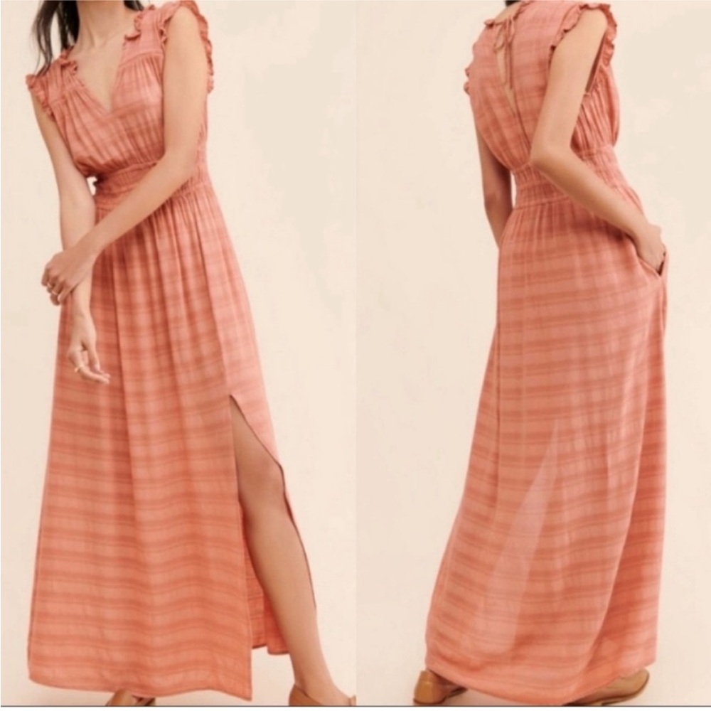 Anthropologie Coral Striped Ruffled Maxi Dress